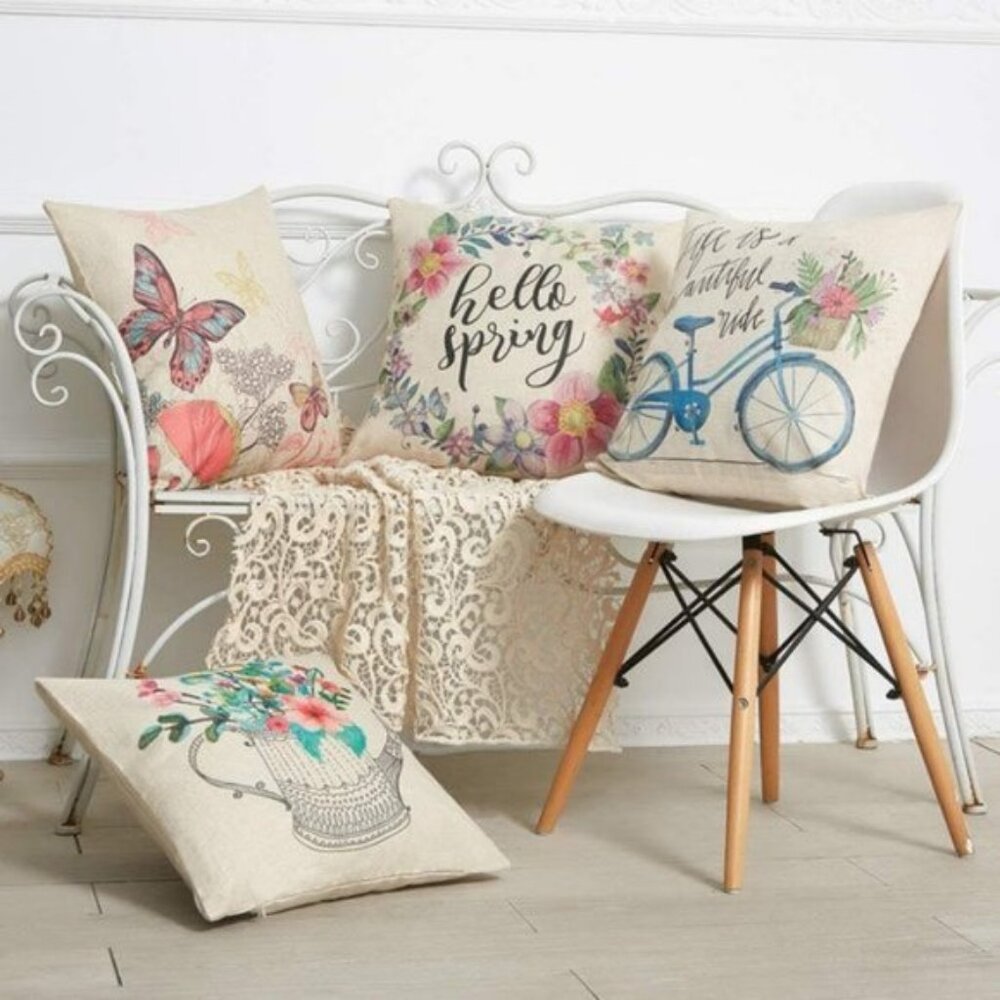 Watercolor Spring Floral Pillow Covers Set of 4 Linen 18x18 Easter NWOT